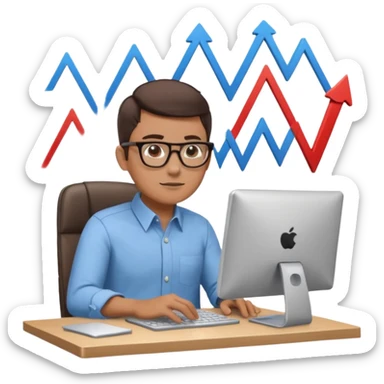 A person sitting at a desk working and looking at a computer with upward arrows and percentage signs, suggesting digital sales, marketing, or outreach. sticker