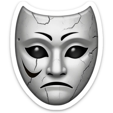 Minimalist emoji-style sticker of a sad theater mask with chipped surface, grayscale tones, one eye empty, slight burn marks

 sticker