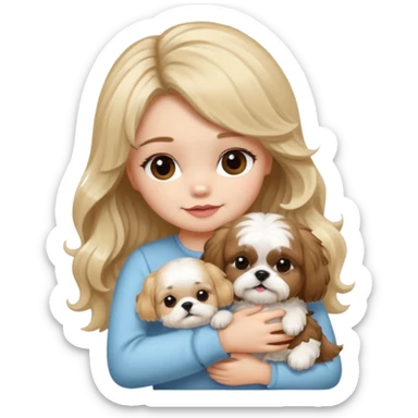 a girl with long, wavy brunette hair hugging a Shih Tzu with blonde fur and a cute bow sticker