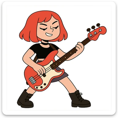 rock girl with red hair and red bass guitar, long bob hairstyle, retro rockstar vibe sticker