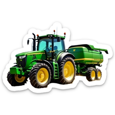 John Deere 6155M (2020) – Cinematic-realistic John Deere 6155M tractor, its iconic green and yellow body rolling across vast Australian farmlands. The powerful engine hums as it tows a massive plow, cutting through golden fields under a clear blue sky, dust rising in its wake. sticker