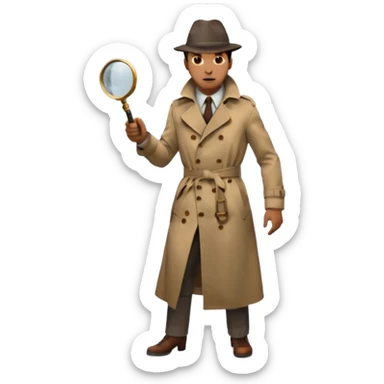 Icon for Detective Movie: A vintage movie poster-style design of a mysterious detective in a trench coat, holding a magnifying glass. Include dark alleyways, fog, and shadowy figures. The design should evoke a classic noir detective story with retro cinematic typography. Transparent background. sticker
