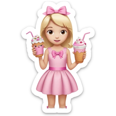 A little girl with a Dunkin' milkshake and a donut with pink frosting and marshmallows, wearing a pink coquette-style dress with bows and blonde hair. sticker