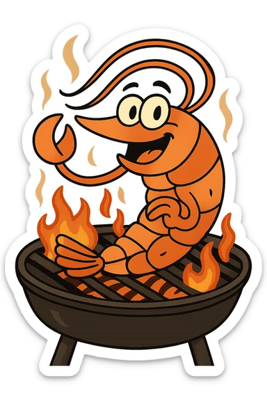 A cartoon style shrimp on a barbecue grill with no background, playful and colorful illustration. sticker