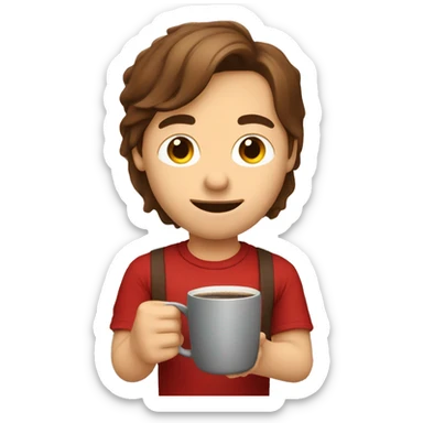 barista boy in a red t-shirt with long brown hair, with a cup of coffee in a hand sticker