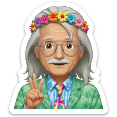elderly man with long grey hair, glasses, peace sign necklace, tie-dye clothing, flower crown sticker