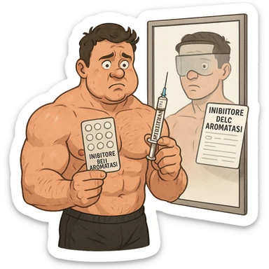 beginner bodybuilder in front of mirror holding a syringe labeled 'Testosterone' and a pill package labeled 'Inibitore dell'aromatasi', Italian text on sheets and tables, uncertain look, swollen muscles but puffy face, white background, 4K quality sticker