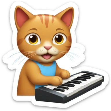 tan-red cat wearing a light-blue t-shirt taps musical keyboard sticker