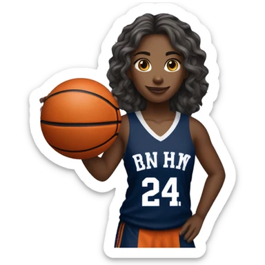  wavy soft hair female player wearing navy blue basketball jersey that has the number 24 & holding a basketball sticker