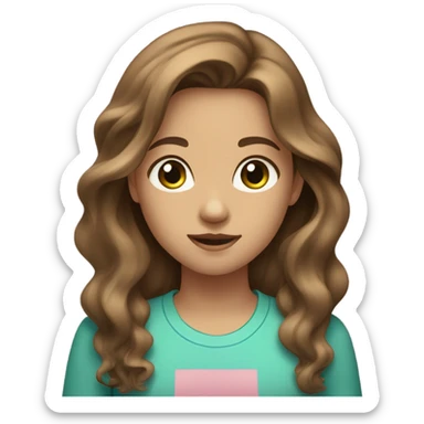 Girl with long brown wavy 2B texture hair, Blue/green eyes, a light tan and a pink shirt very beautiful  sticker