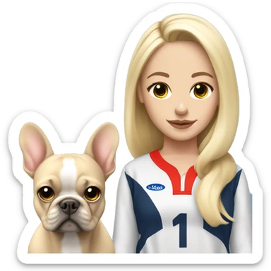 white blonde girl with long hair wearing sports outfit with frenchie with big ears sticker