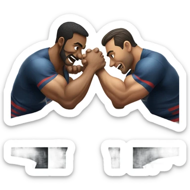 Two men armwrestling sit in front of a table sticker