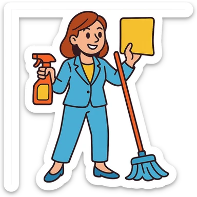 light-skinned woman in a light blue suit cleaning sticker