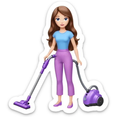 beautiful barbie girl with long brown hair, blue eyes and wearing light purple clothes, cleaning and vacuuming sticker