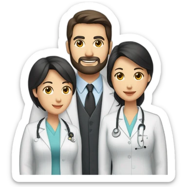 husband middle aged american with dark brown hair and trimmed beard wearing a business suit holding a bible, wife middle aged asian with black shoulder length hair wearing a nurse uniform sticker