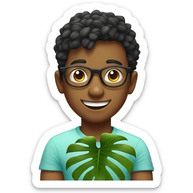 smiling boy with glasses holding variegated monstera sticker