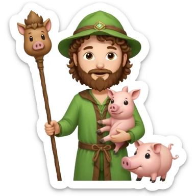 happy young shepard with long curly brown beard and long curly brown hair, in green magical outfit, with wooden shepard stick in hand, taking care of pigs sticker