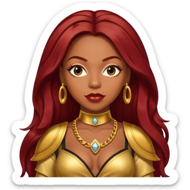 LaTavia Robeson from Destiny's Child with dark red long hair, gold outfit sticker