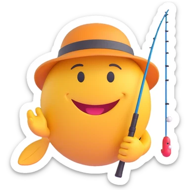 3D smiley emoji, round shape, fishing hat with fishing rod, smiling face sticker