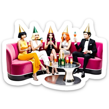 ourselves around a banquette, a long, curved sofa adjacent to two small low tables brimming with bottles of Perrier-Jouët champagne, Belvedere vodka, carafes of orange juice and cranberry juice in silver ice buckets, and neat little stacks of glass tumblers. The table is right next to the DJ booth sticker