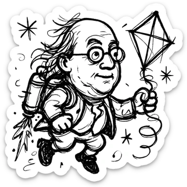 Ben Franklin with jetpack and diamond kite, minimalist, black outline, slightly chaotic lines sticker