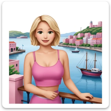 jennifer lawrence, pink crop top leaning on a balcony with a harbor and cityscape in the background, smiling sticker