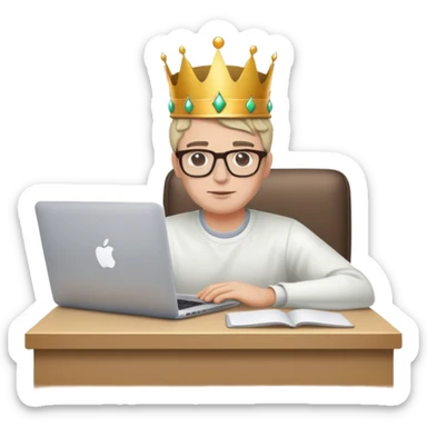 Man in glasses with crown on his head sat at the desk with MacBook  sticker
