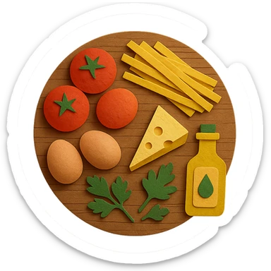A realistic top-down view of a wooden kitchen table with various common ingredients neatly arranged (like tomatoes, pasta, eggs, cheese, herbs, olive oil). The background should be dark and soft to match a modern app interface. Lighting should highlight the ingredients naturally, with soft shadows. No text, no hands, minimalistic but warm and homely, like a mobile UI background for a cooking app. Should be circle sticker