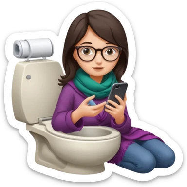 Fille châtain foncé avec lunettes. Elle porte une grosse écharpe. Elle est dans une cuvette de toilette. Téléphone en main sticker