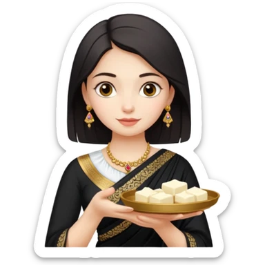 Russian girl in Indian black saree with full image from head to leg and holding a cream colour small tray in her both hands sticker