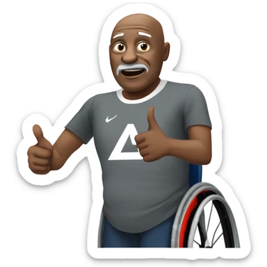 old black bald man with a round pot belly in wheelchair. angry face. grey stubble. he is pointing finger in front. wearing Arsenal soccer shirt. saying word bubble sticker