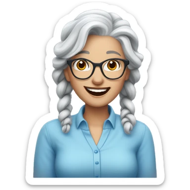 A laughing white gray-haired woman with a long gray braid in a blue scoop-necked shirt with blue glasses perched on her head. Her lipstick is red sticker