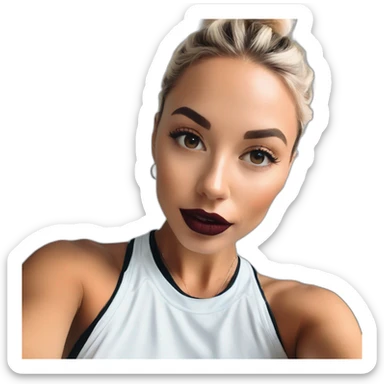 European Influencer model with fake lips wearing active wear taking a selfie sticker