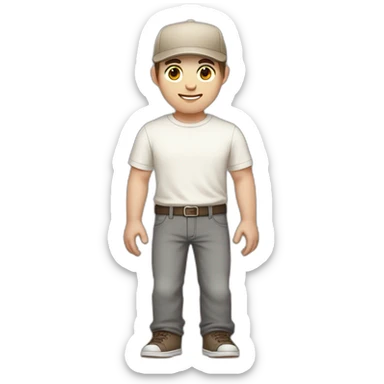Pale skinned fit Man with dark brown hair in a beige cap, gray jeans, brown polo and white T-shirt keeping a pasted with tape white box into his hands sticker