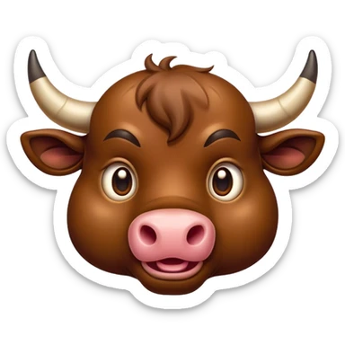 Cinematic Comical Brown Bull Portrait Emoji, Head tilted dramatically with an exaggeratedly amused expression, featuring a striking, glossy brown hide with a bold natural sheen, wide, expressive dark eyes filled with playful disbelief, Simplified yet hilariously expressive features, highly detailed, glowing with a slightly sassy glow, high shine, dramatic yet playful, stylized with an air of cheeky mischief, bright and endearing, soft glowing outline, capturing the essence of a spirited and over-the-top bull, so meme-worthy it feels like it could charge its way into internet fame instantly! sticker
