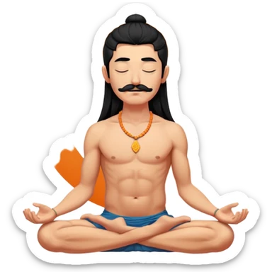 Black hair cossack with bold head, wery long mustache, long lock of hair sprouting from the top or the front of an otherwise closely shaven head, with no without jewelry, meditating bare torso with closed eyes in lotus pose in orange sharovary sticker