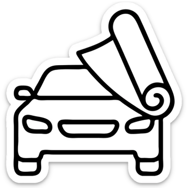 outlined icon of a premium glossy black car, part covered by a rolled light gray transparent film, clean lines, modern look, curved film effect sticker