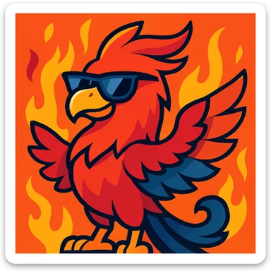 Add a fiery background with flames to the cool phoenix, keep the modern vibrant toon style with bright and dynamic colors. sticker