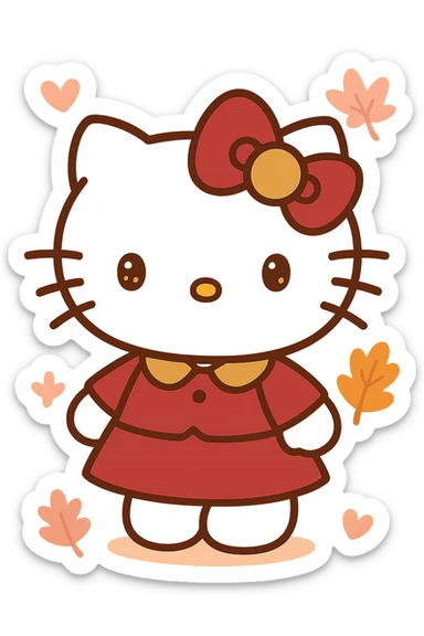 Hello Kitty Autumn Style, with a burgundy and metallic gold bow, and a matching outfit sticker