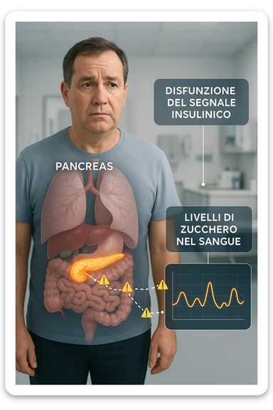 a middle-aged man stands in a clinical setting, with a semi-transparent overlay showing his internal organs. His pancreas is highlighted, and glowing lines or icons indicate disrupted insulin signaling between the pancreas and muscle or fat cells. The man’s expression is slightly concerned, and a digital chart beside him displays fluctuating blood sugar levels. The lighting is realistic, with a clean, modern medical background. scritte in italiano sticker