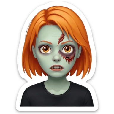 Faça uma zumbi feminina com cabelos médios e laranja, deve estar vestindo uma camisa preta e ter seus olhos castanhos escuro, não esqueça de colocar a sombrancelha da cor do cabelo  sticker
