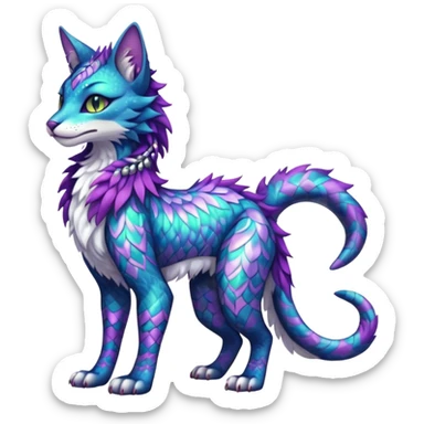 Kawaii iridescent beautiful pretty elegant divine edgy fantasy feline-vernid-sergal-fursona-animal-creature with accessories, full body with intricate patterns sticker