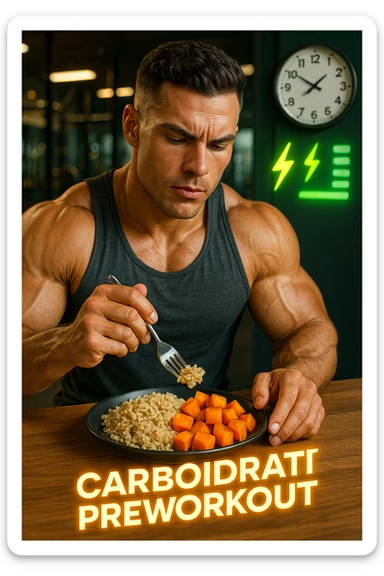 Uomo atletico seduto al tavolo poco prima di andare in palestra, mentre mangia una porzione di riso integrale e patate dolci con un’espressione consapevole e concentrata. Sullo sfondo si intravede la palestra. Sopra al piatto c’è una scritta luminosa 'Carboidrati preworkout'. Accanto a lui, un orologio indica che mancano 45 minuti all’allenamento. Il suo corpo appare pronto, i muscoli sono pieni e ben vascolarizzati, e sullo sfondo ci sono icone simboliche di energia (es. fulmini, barre di energia verdi). Atmosfera motivante e piena di vitalità. in italiano sticker