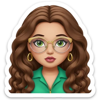  long brown wavy hair, light skin, green eyes, pretty bratz baddie, big plus size , black eyeliner, blush, gold glasses  sticker