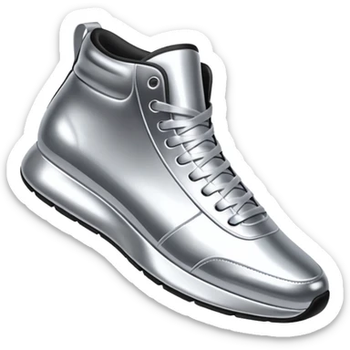 A pair of futuristic sneakers emoji made of silver chrome, sleek streetwear design, smooth metallic panels, subtle reflections, luxury swag aesthetic, iOS emoji style, centered, clean white background sticker
