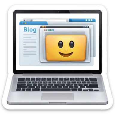 Create an emoji representing blogging. The design should feature an open laptop or tablet with a visible blog post on the screen, showing text. Optionally, add a camera or microphone for multimedia content. Use modern, professional colors. Make the background transparent. sticker