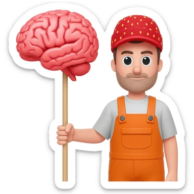 A guy with red hat and orange overalls and more and with some 3D skippity sentence brain rod and more and crazy little strawberry Red Crimson hat sticker
