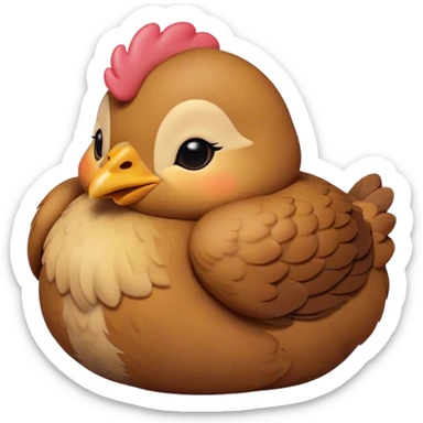 Meme-Worthy Cute Sleeping Brown Chicken Portrait Emoji, Head resting peacefully with a contented smile, showcasing a delightfully compact build and a luxuriously soft brown plumage, eyes shut in a serene, restful nap, Simplified yet hilariously adorable features, highly detailed, glowing with a soft, drowsy light, high shine, relaxed and utterly lovable, stylized with an air of playful laziness, bright and heartwarming, soft glowing outline, capturing the essence of a comically sleepy chicken, so meme-worthy it feels like it could instantly become the next viral sensation of adorable slumber! sticker