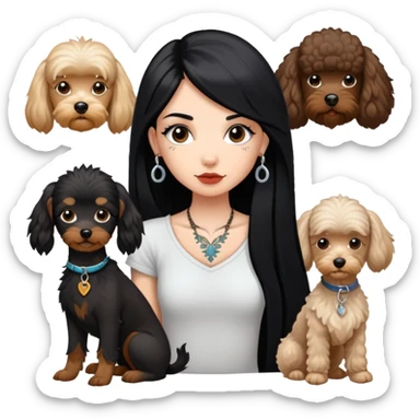 girl with long black  straight hair and tattoos and a  white Yorkshire and a brown poodle sticker