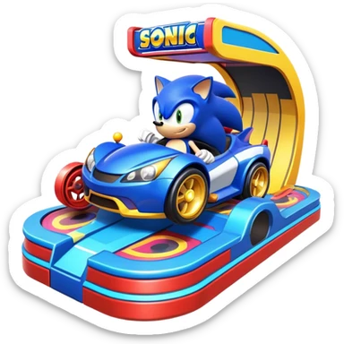 An icon representing an arcade game interface, inspired by Sonic. The design features colorful platforms, loops, and rings, with Sonic racing through a vibrant landscape. The iconic HUD elements, like score and timer, are visible. A transparent background. sticker